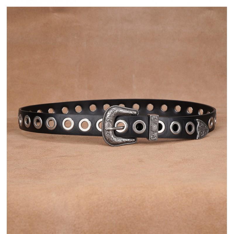 Womens Black Genuine Leather Belt With Carved Buckle Hollow Design Y2K Retro Punk Style No-Hole Waistband Jeans