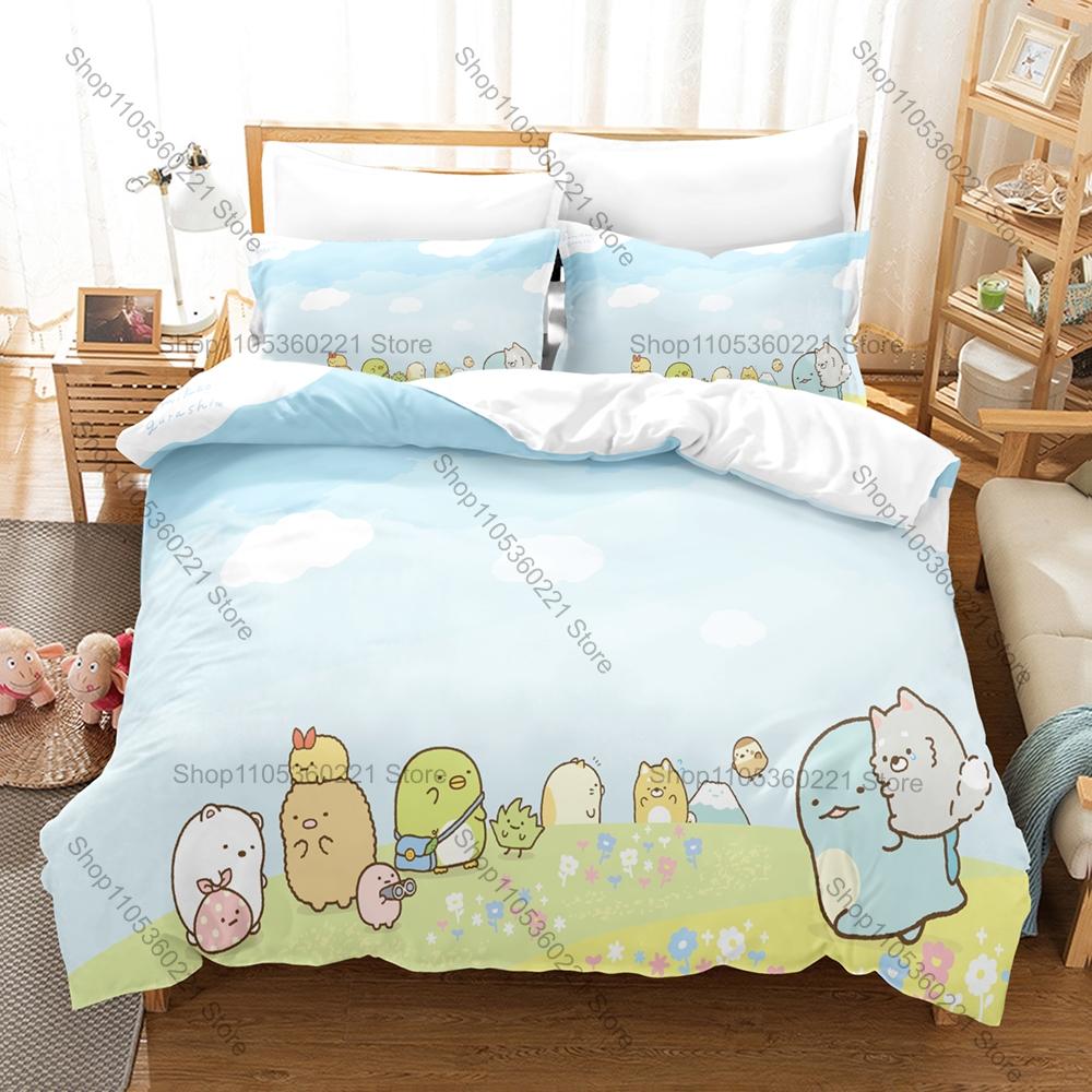 Sumikkogurashi Printed Bedding Set, Duvet Cover plus 2 Pillowcases, Adorable Cartoon Style Soft Microfiber Textiles