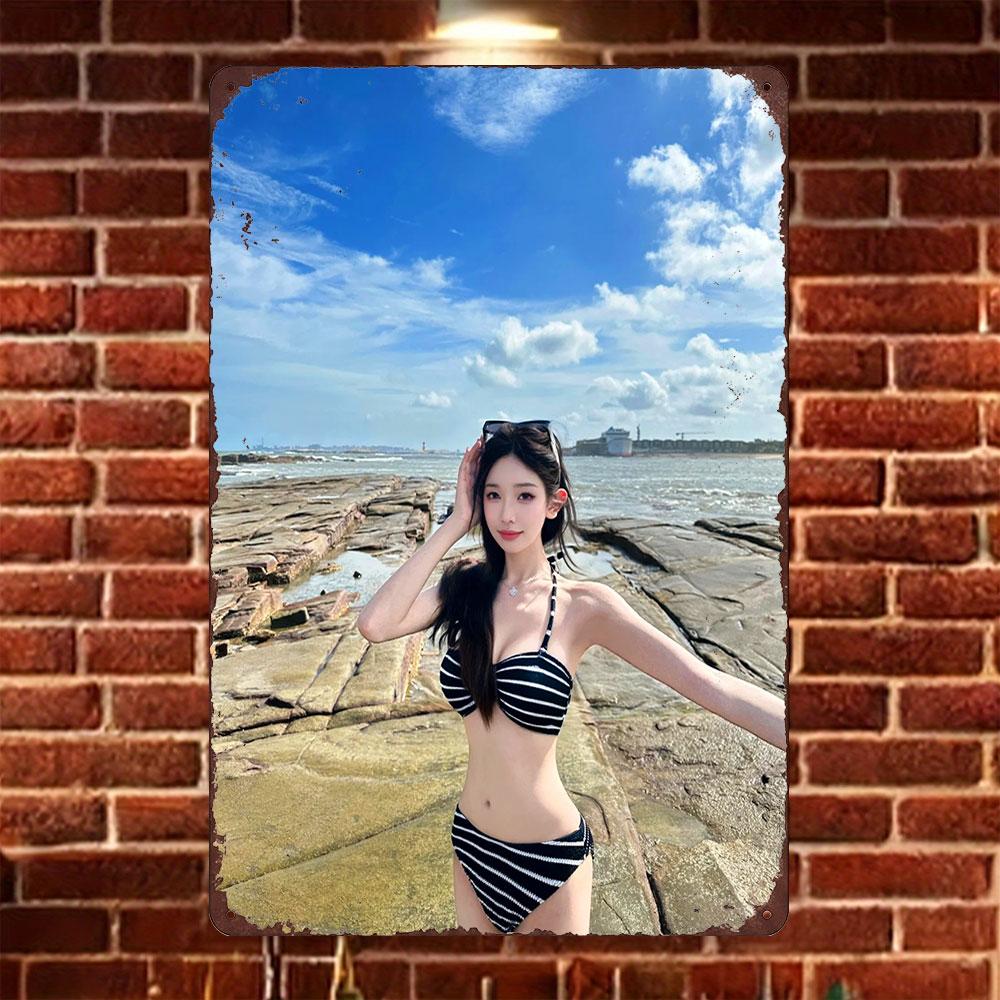 

HD Tin Sign Vintage Asian Girl in Black and White Striped Bikini at Rocky Beach Metal Wall Art Retro Decor for Home Bar Cafe 20x30cm（7.8x11.8inch）