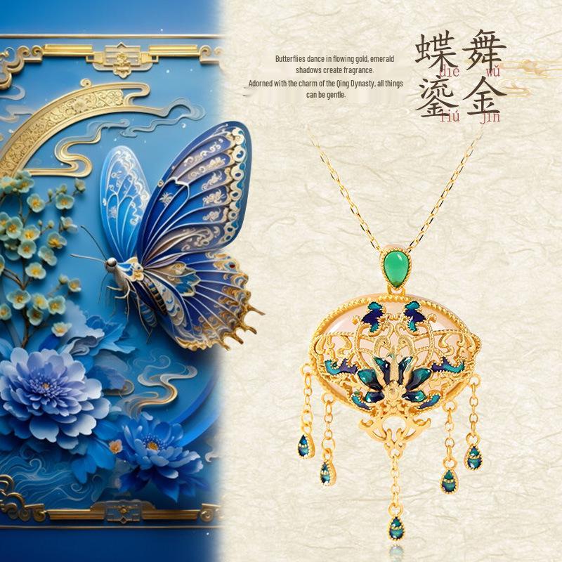 New Chinese Trend: Cloisonné Blue Lotus Pendant Necklace for Women Gold Plated