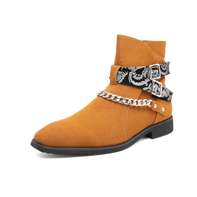 Stivaletti Chelsea da Uomo High Street Taglia Grande con Elastico Laterale, Punta Affilata e Dettaglio Catena alla Caviglia in Pelle Casual, Taglia 48.