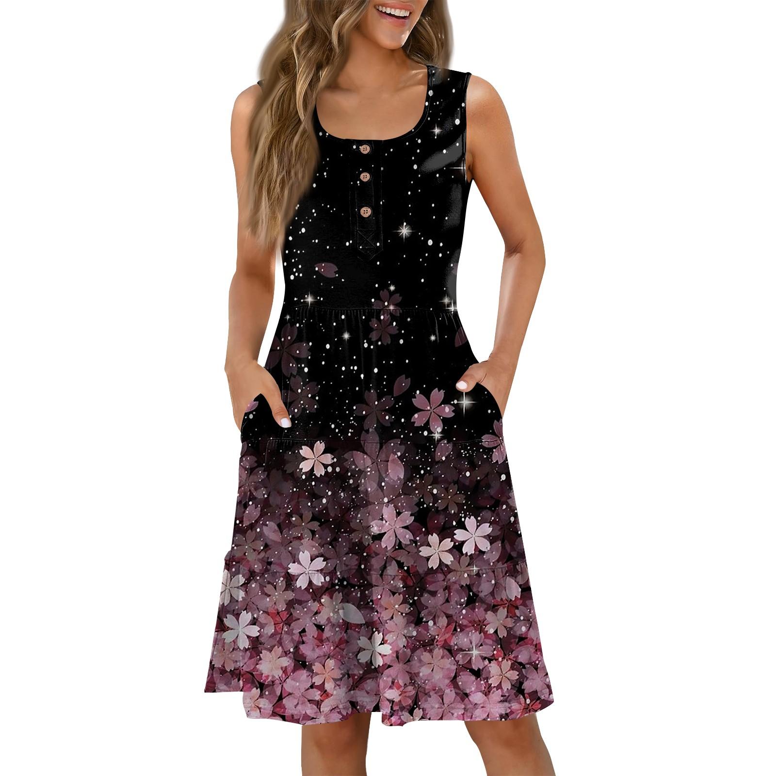 Women s Summer Button Round Neck Sleeveless Vintage Floral Print Casual Dresses L