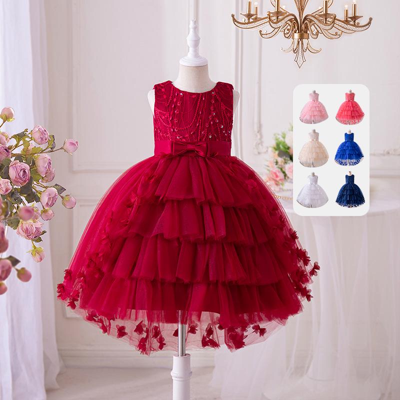 New Puffy Bridesmaid Girl's Dress with Layered Butterfly Design - Princess Evening Gown for Weddings or Festivals