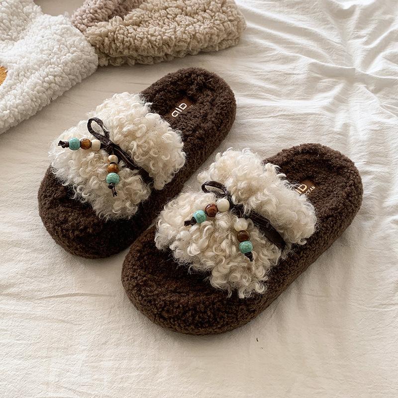 Retro thick-soled fluffy slippers women's outer wear 2025 autumn and winter new Korean version comfortable one-word bow women's slippers