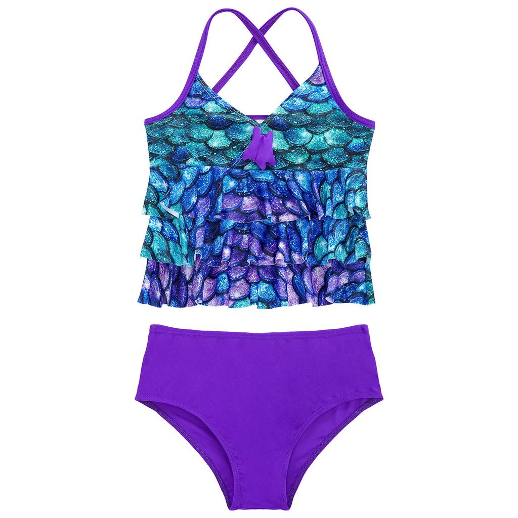 2Pcs Bikini Mermaid Swimwear Children Girls Spaghetti Straps Swim Top with Bottoms Ruffle Swimsuit