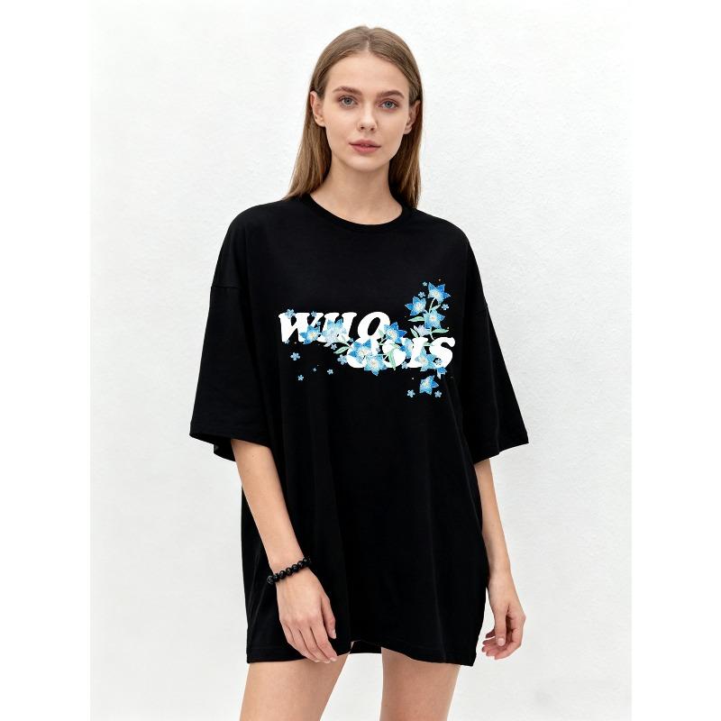 Oversized T-Shirt Black Who Is Floral Print Design Casual Wear for Women Summer Streetwear Fashion Statement Top