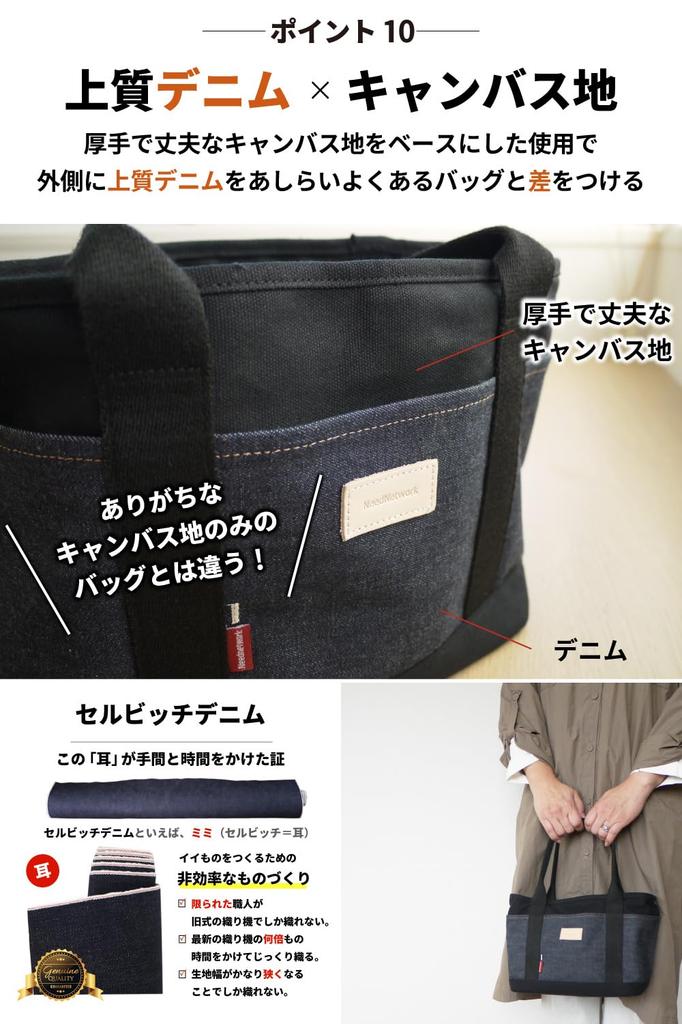 [Netwerk Vereist] Japan's trotse denim tote tas, mini tote tas voor vrouwen en mannen, canvas, 3 vakken, zelfstaand, luiertas, lunchtas