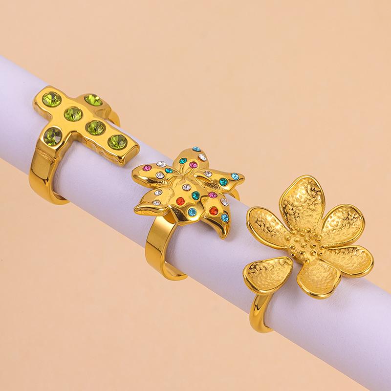 JUSNOVA Elegant 18K Gold Stainless Steel Gemstone Rings Size 7 White Zircon Cross Shape Flower Rings Set