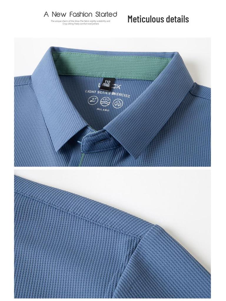 Men's 2026 Summer Ice Silk Elastic Polo Shirt: Seamless Short Sleeve Business Casual Lapel T-shirt