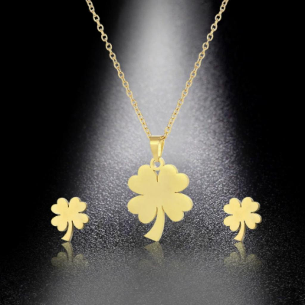 Trendy Lucky Four Leaf Clover Pendant Necklace Earrings Jewelry Set For Women Girl Stainless Steel Clavicle Chain Romantic Gifts