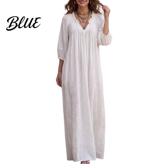 Casual V Neck Dresses Bohemian Ruffle V-Neck Long Dress, 3/4 Sleeves Maxi Dress for Women, Solid Color Loose Spring Fall Soft