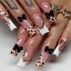 24Pcs Long Square Press On Nails Leopard Print French 3D Cherry Design False Nail Rhinestone Wearable Full Cover Fake Nails Tips