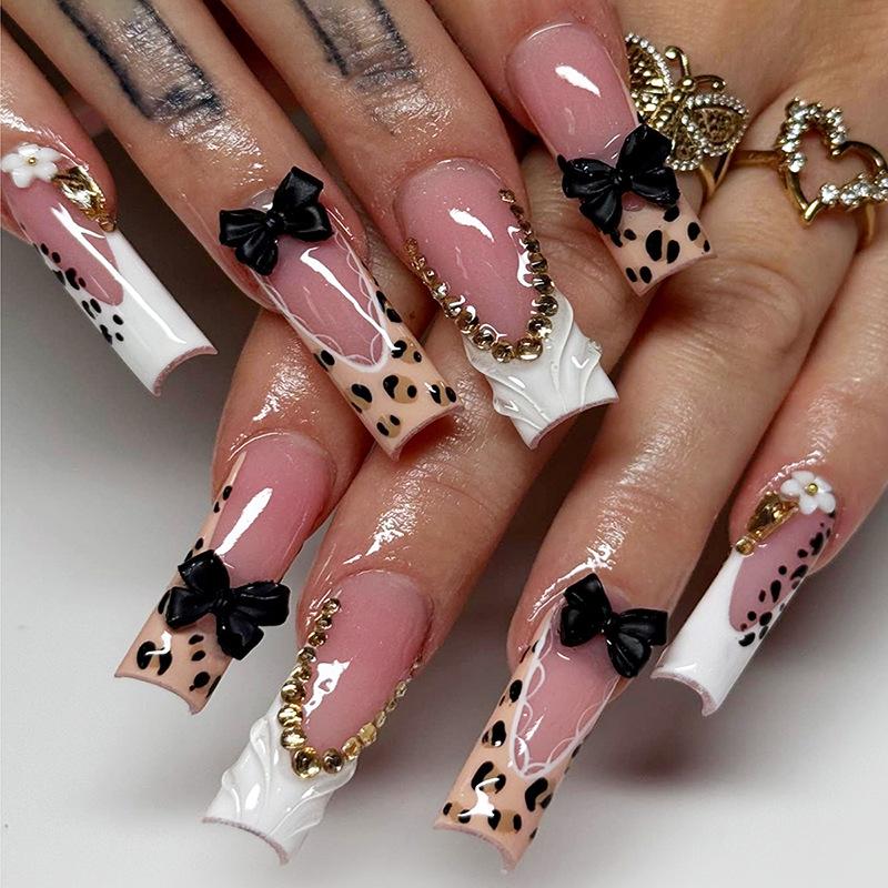 24Pcs Long Square Press On Nails Leopard Print French 3D Cherry Design False Nail Rhinestone Wearable Full Cover Fake Nails Tips