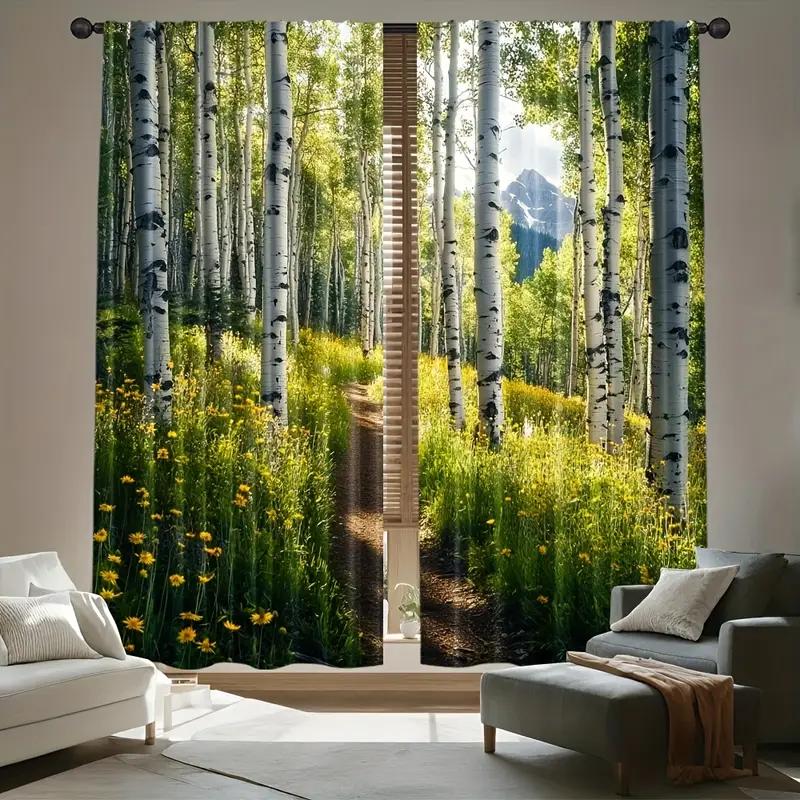 2pcs Breathtaking Aspen Forest Printed Curtains, Designed for Light Filtering, Quality Material, Ideal for Nature Lover Home Win