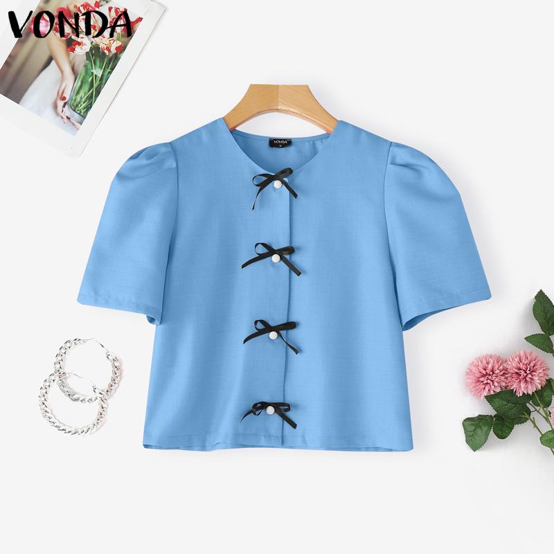 

VONDA Summer Women Girls Short Sleeve Front Bow Knot Casual Cropped Elegant Blouse M синий