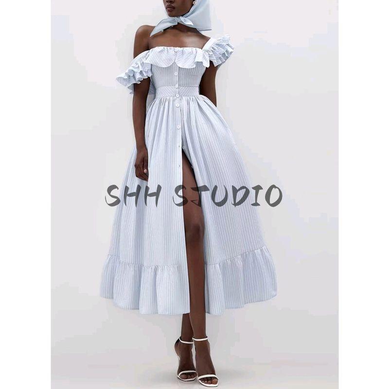 Summer New Arrival Women clothes Sweet Style Square Collar Single Breasted Slim fit Stripe Frill Waist Hugging Long Dress