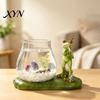 Desktop Aquarium Tank Frog Fishing Glass Fish Ornament with Resin Lotus Leaf Base, Hydroponic Unique Home Soft Furnishings Plant Propagation