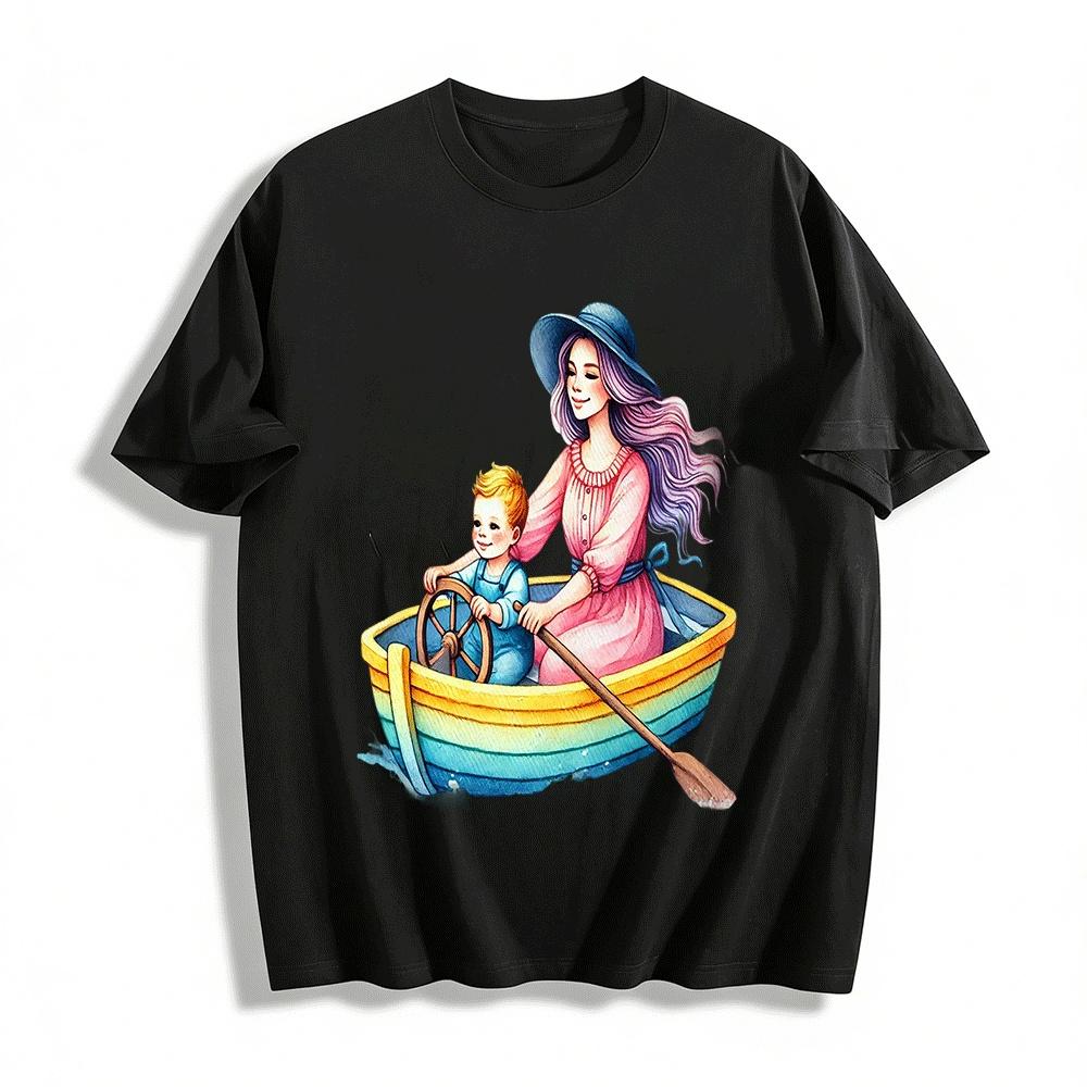 Warm Parent-child Boating Time Print Casual Top For All Ages Pure cotton T-shirt XXS