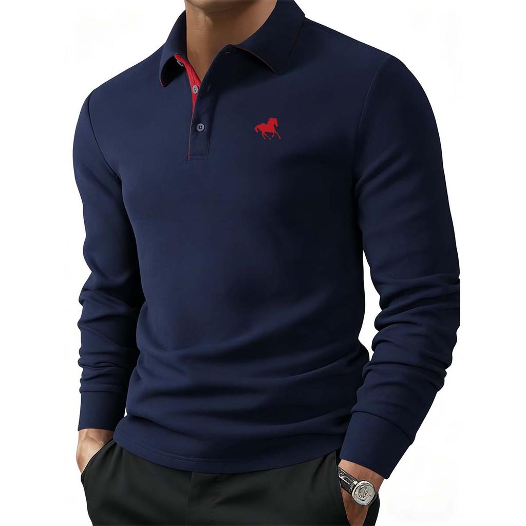 Business casual men's polo shirt with black base Men's Contrast Placket Running Horse Print Long Sleeve Polo Shirt