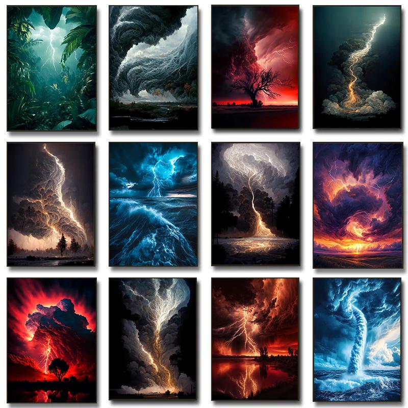 Naturkatastrophe Apokalyptischer Sturm Poster Blitze über dem Ozean Drucke Leinwandbild Wandkunst Bilder Heim Wohnzimmer Dekor