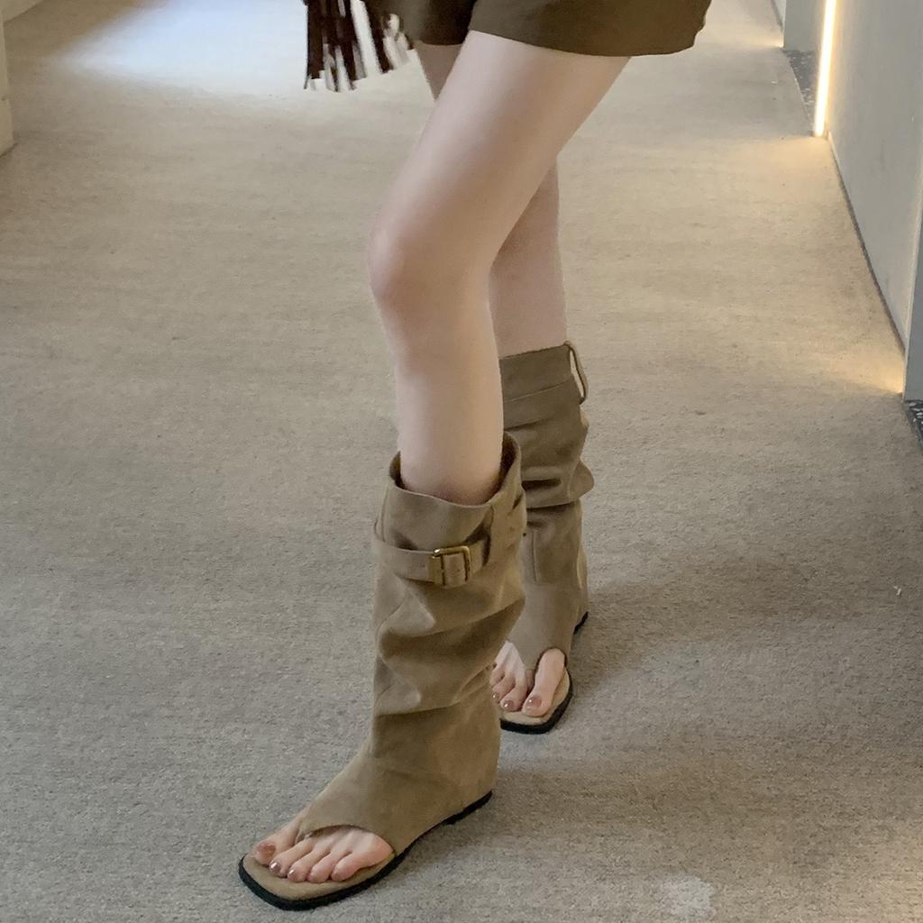 Spot Second Hair! Grape Mother Same Shoes Fashionable Spice Girls Wind Open Toes Thin Pile Medium Boots Toe Cold Boots Women