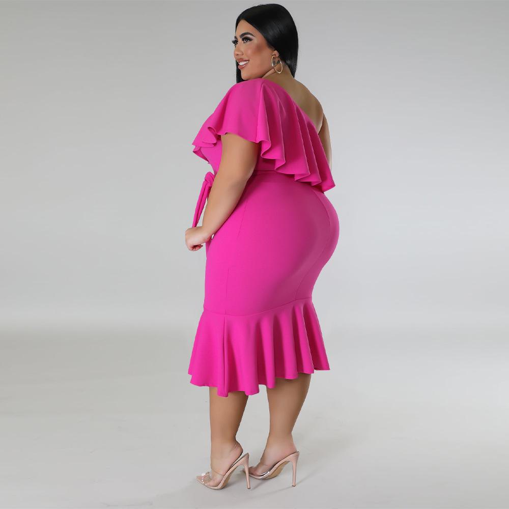 2023 Plus Size Women's European & American Fashion Slim Fit Ruffle Strapless Midi Dress