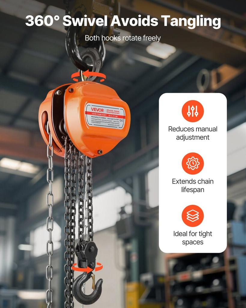 Hand Chain Hoist, 2 Ton Capacity, Manual Chain Block with Upgrade G80 Galvanized Chain, 3 m Lifting Height, Heavy Duty Pulley Hoist for Garage