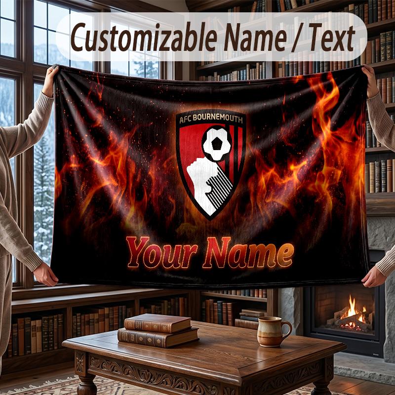Custom Name Flannel Throw Blanket Bournemouth Football Pattern Warm Home Decoration