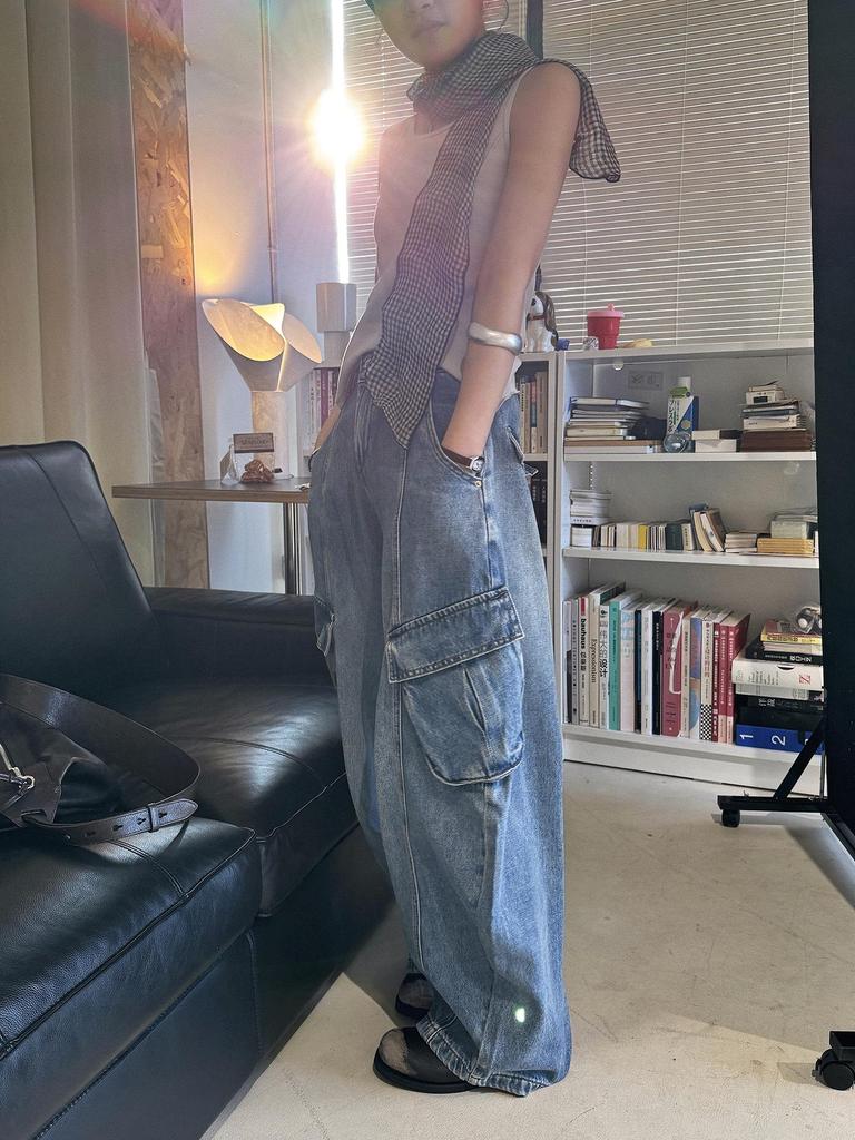 Women's 3D Patchwork Cargo Jeans with Large Pockets - Loose Wide-Leg Style for Spring/Summer Streetwear