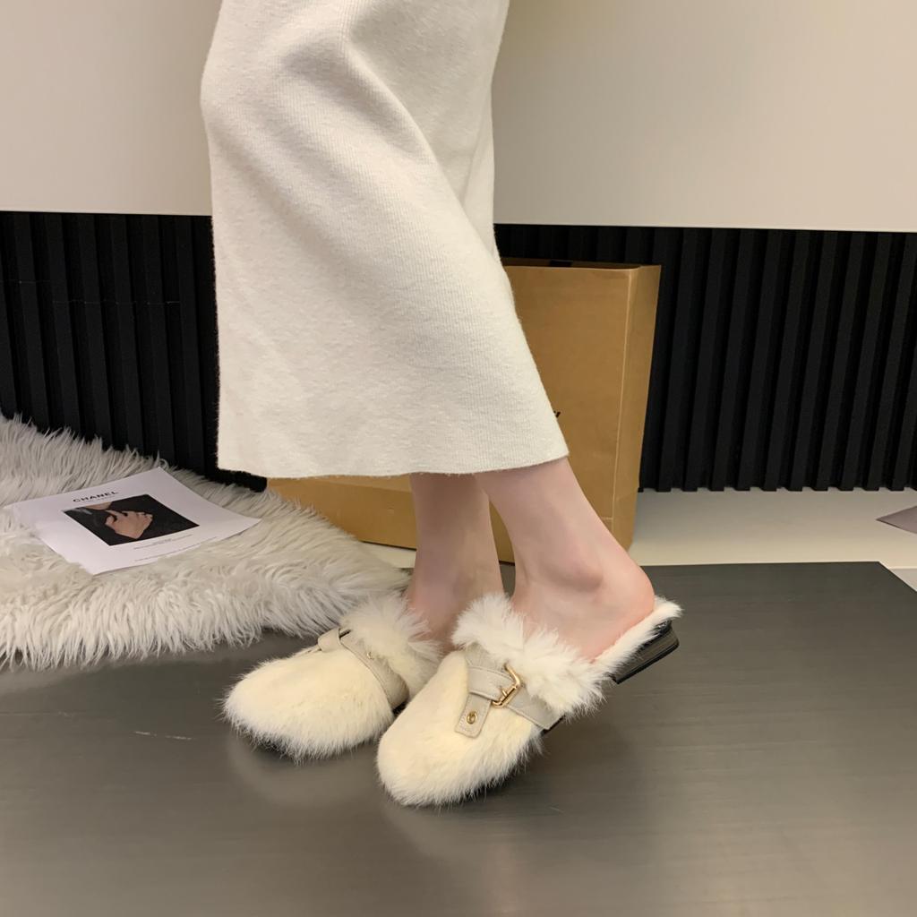 Flat bottom Internet celebrity plush small fragrant bag head fluffy half slippers women's autumn and winter wear 2025 new maternity cotton slippers