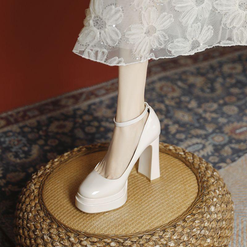 Small white high heels women thick heels not tired feet patent leather host car show model waterproof table super high heel single shoes