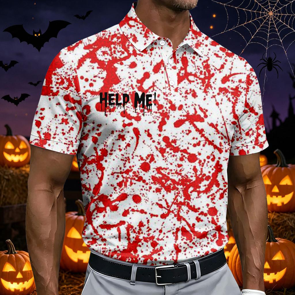 Men's Short Sleeve Halloween Themed Printed Polo Shirt with Handprint and Letter Pattern Casual Summer Top for Parties and Events