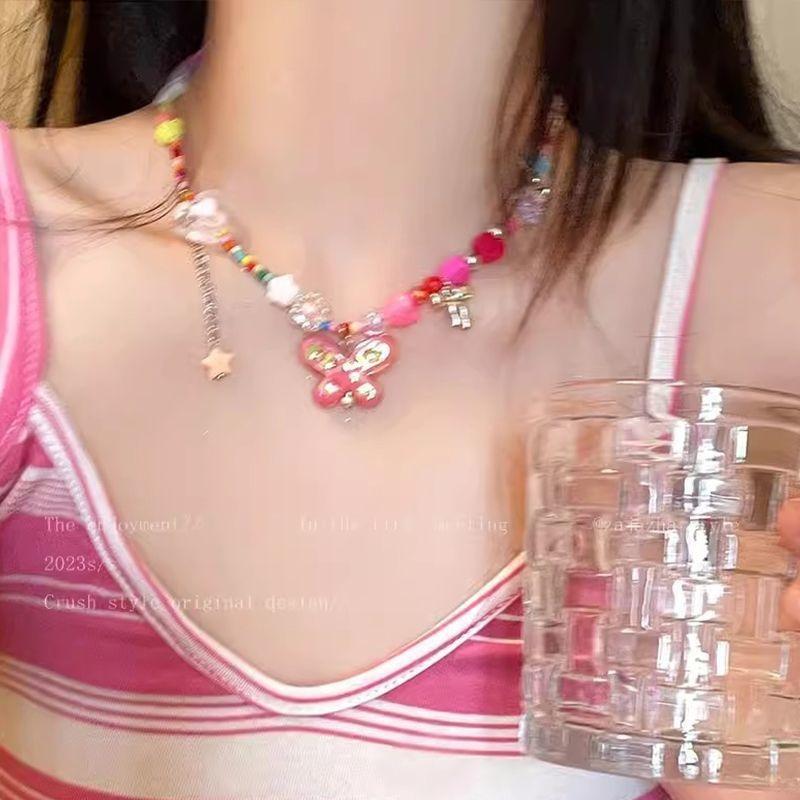 Candy Sweetheart Colored Bow Tassel Necklace Women's Niche Design Accessories Sweet Cool Spice Girl Collarbone Chain