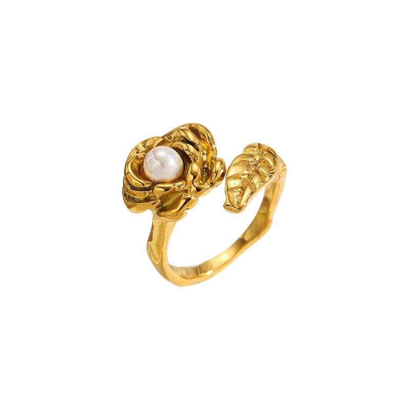 European and American ins style camellia pearl opening ring women's versatile 18K gold ring elegant temperament does not fade jewelry