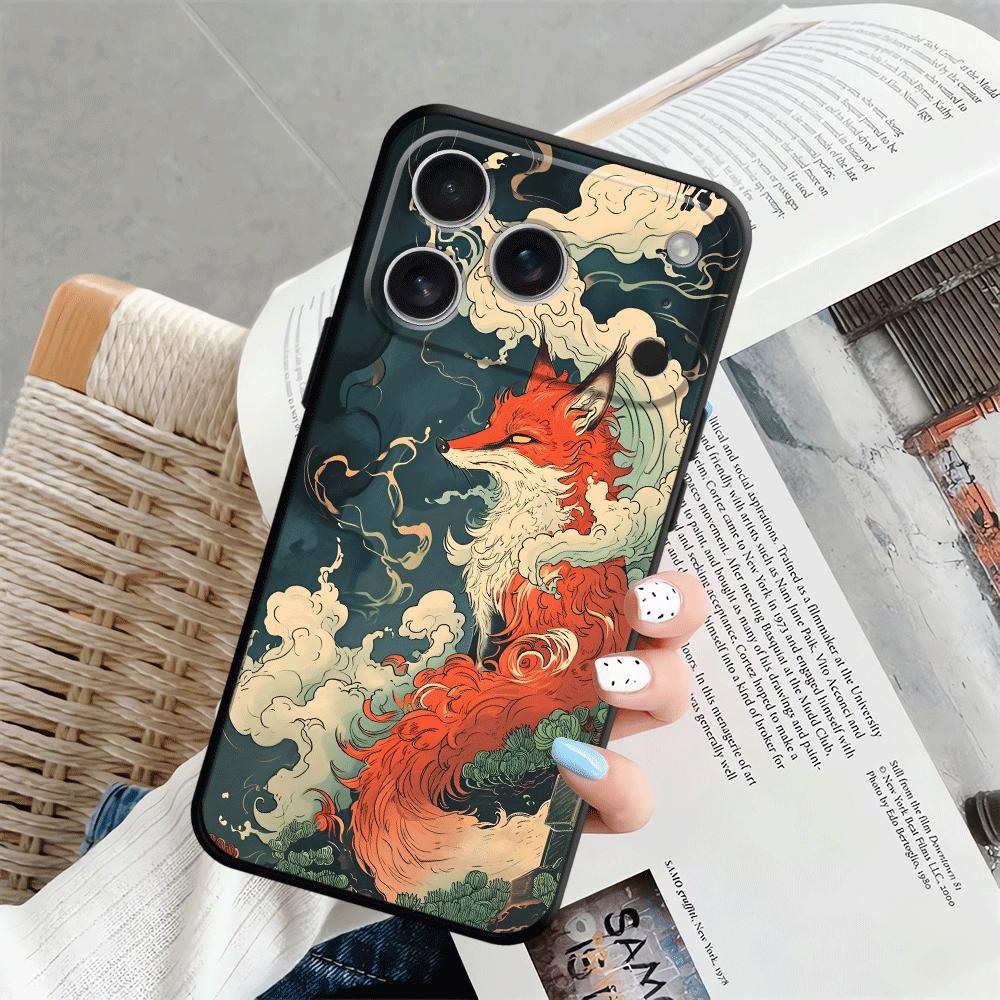 Retro Fox Cat Case for iPhone 17Air XS Max 13 12 11 17 Pro Max XR 7 8 15 16 14 Plus Black Soft Phone Cover