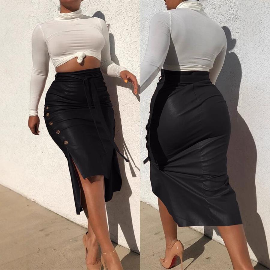 Overstock Leather Pu Skirt Women's Hot Sale O-Neck Slim Fit Mid-Length Bodycon Half-Body PU Skirt Drop Shipping