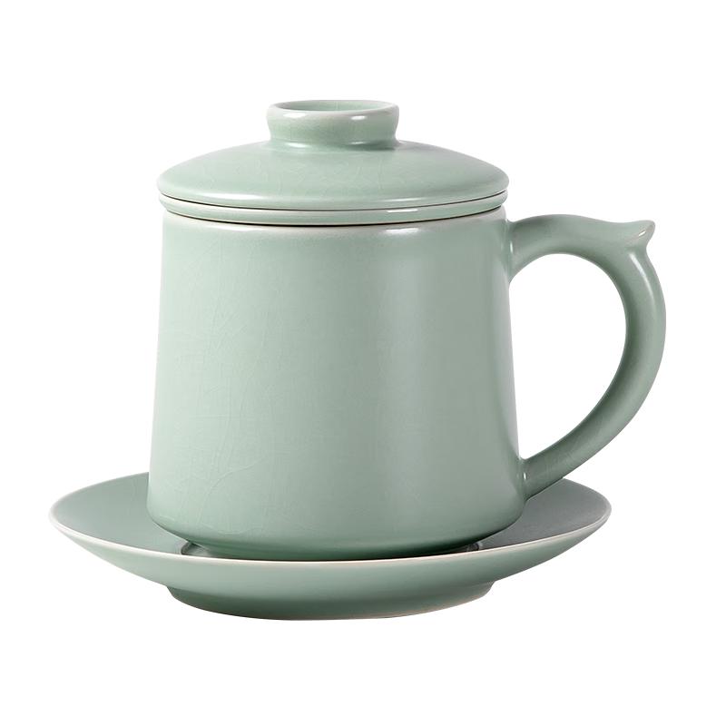 Gold-Inlaid Ru Kiln Ceramic Tea Cup with Lid and Handle