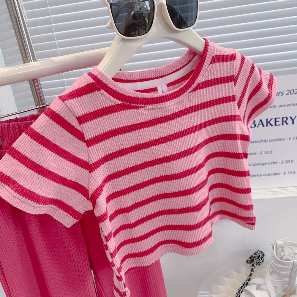 Girls Clothing Set Summer Korean Children Set Girls Stripe Knitted Short Sleeve+Red Wide Leg Pants 2 Sets