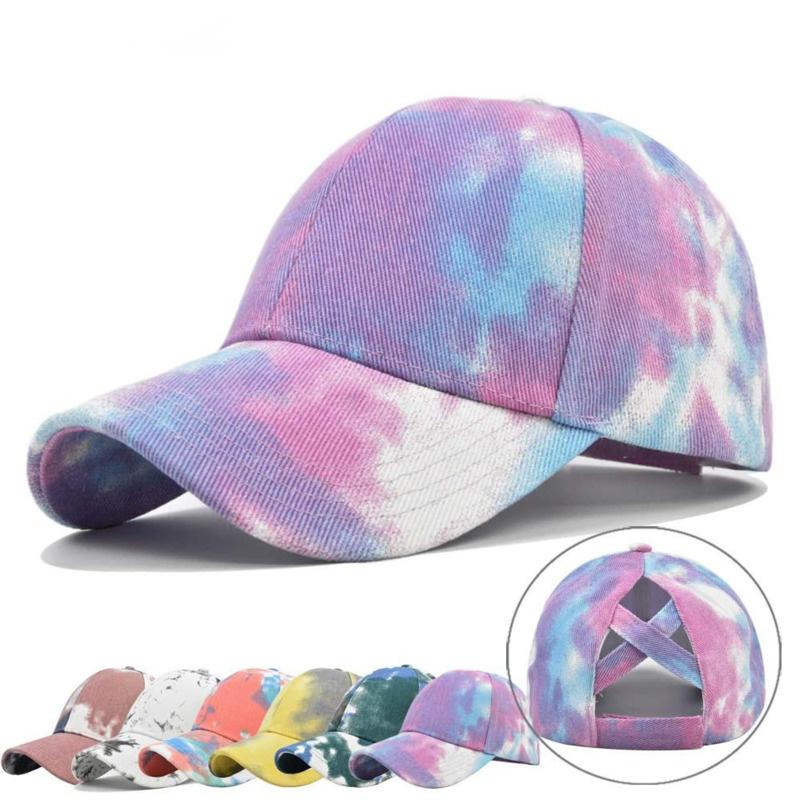 Tie-dyed Sun Hat Breathable Mesh Cotton Casual Mesh Caps Ponytail Messy Bun Caps Unisex Adjustable Baseball Cap For Beach Music