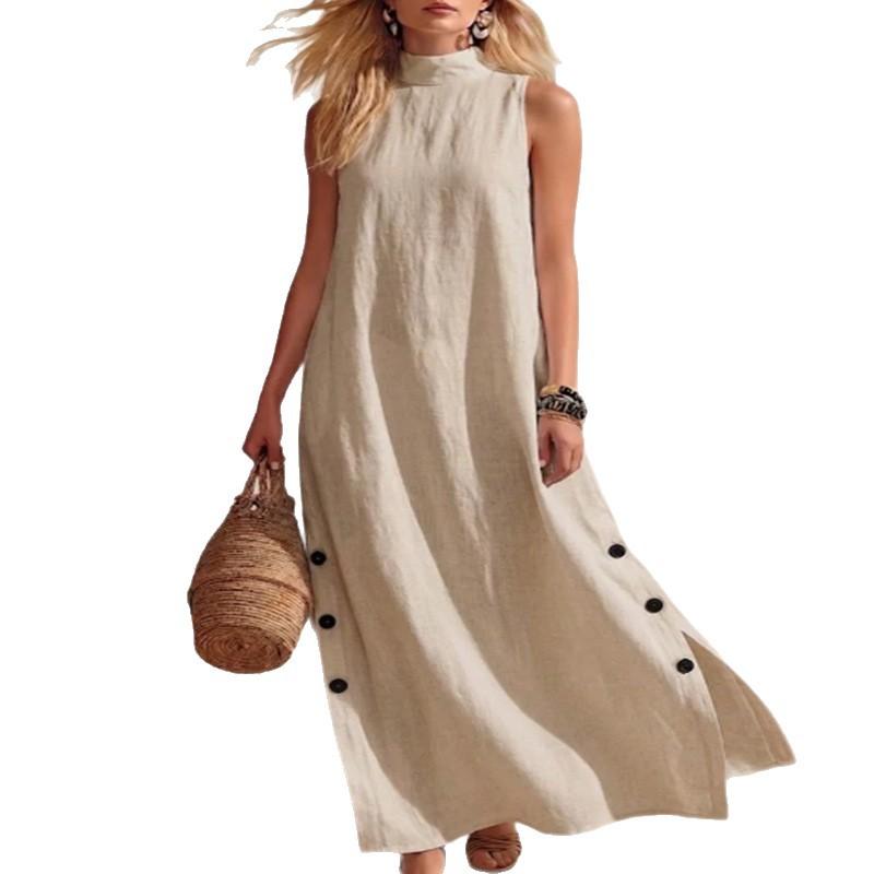 European and American Women's Clothing Summer New Product Stand-up Collar Sleeveless Button Split Cotton and Linen Dress