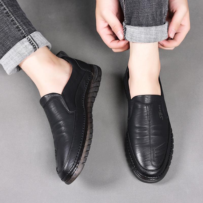 New 2025 Men's Casual Leather Shoes Soft Bottom Slip-On Cow Tendon Sole Breathable Polyurethane Bottom Adult Leather Footwear