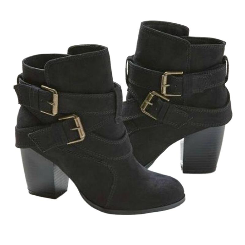Invierno nuevo botas cortas para mujer Punta redonda exterior antideslizante zapato Hebilla de cinturón de moda bota sin cordones Zapatos de tacón grueso para mujer comodidad