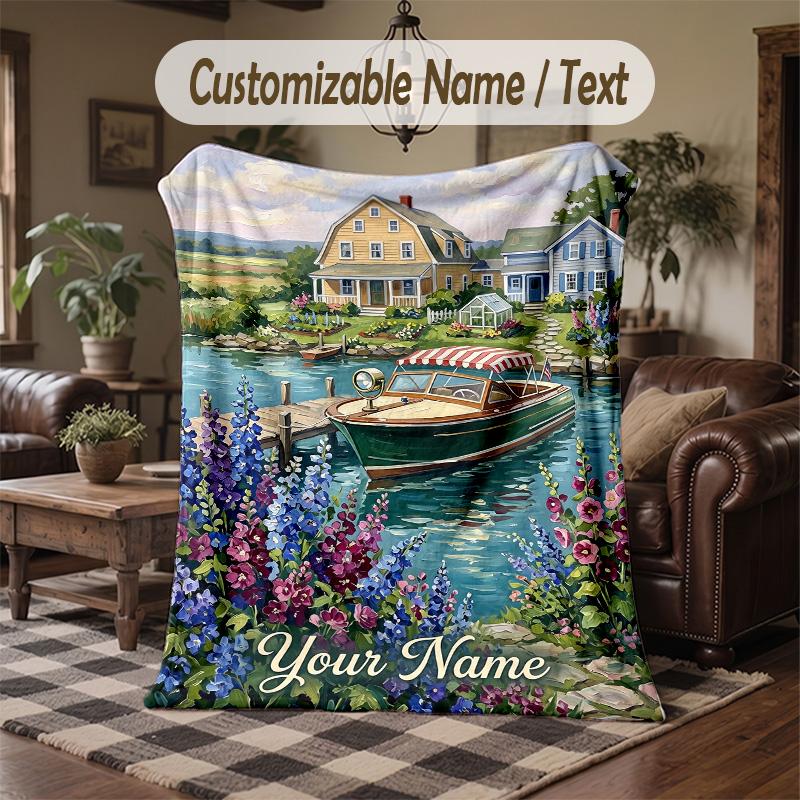 Blue White Floral 1 Theme Throw Blanket Custom Name Text Personalized Blanket Soft Cozy Blanket for Home Sofa Bed