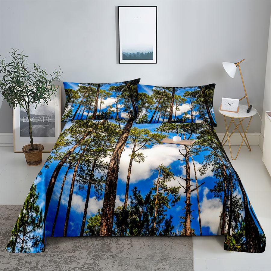 Scene Bed Sheet and Pillowcase Set Bedding Linens Cover Queen King Double Size 220x240 Trees for Bedroom Soft Twin Full Single