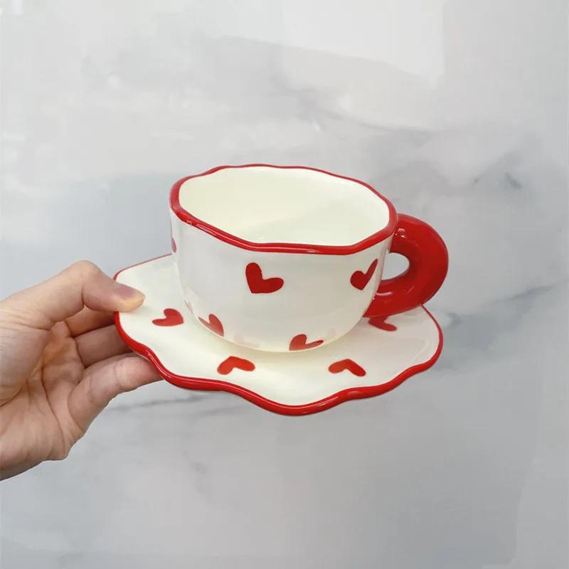 Romantic Hand-painted Love Heart Mug Gifts Korean Ins Style Coffee Tea Cup Saucer Set Creative Milk Mug Porcelain for Girlfriend