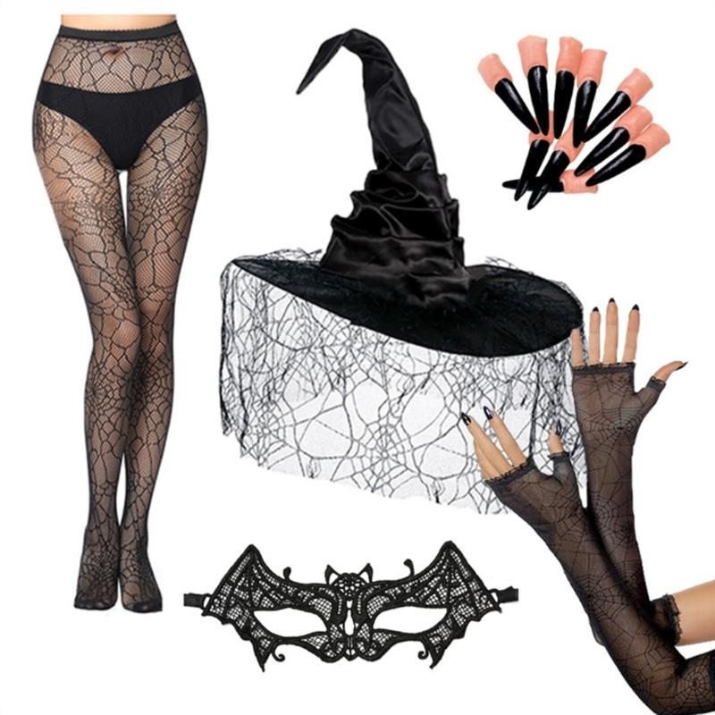 

Костюм ведьмы с вуалью в виде паутины, шляпой, перчатками, нарукавниками и кружевной маской для Хэллоуина, косплей-вечеринки