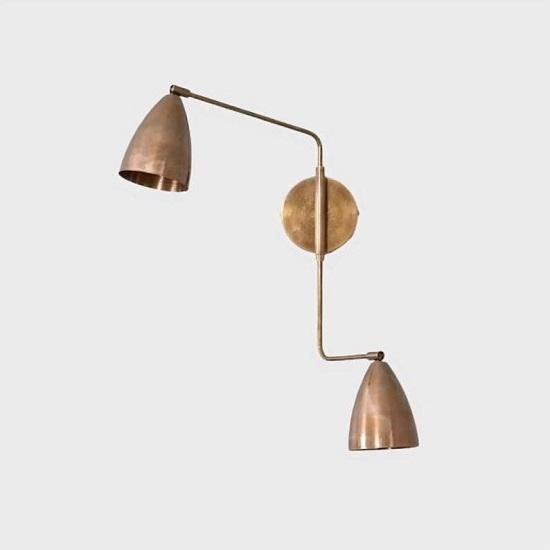 Handcrafted Twin Shade Wall Sconce  Dual Light Brass Bedside Lamp with Curved Arms, Inspired Pendant Design