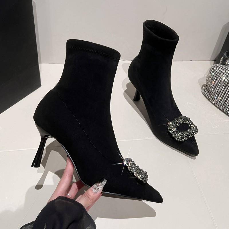 Vinter Nye Fine Hæler Bomullsstøvletter Dame Spisse Rhin-drill Spenne Erme Sklisikre Slitesterke Korte Støvletter