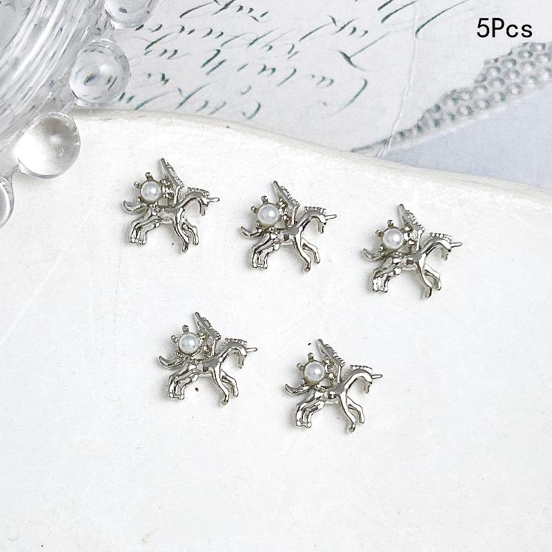 5Pcs 3D Alloy Pony Pearl Diamond Nail Accessories Charms Horse Diy Manicure Nail Art Jewelry Manicure Decoration Accessories