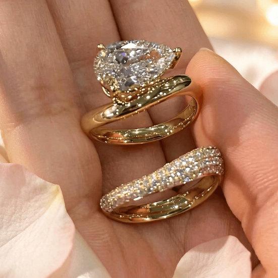 2Pcs/Set Women Ring Set, S-shaped Finger Ring with Dazzling Water Drop Cubic Zirconia, Alloy Stacking Rings Gift Jewelry
